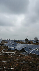 Numerous damaged solar panels lie among debris in a barren area, highlighting the aftermath of a failed renewable energy venture. The sky is overcast, creating a somber atmosphere.