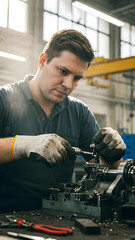 A worker wearing gloves repairs machinery parts in an industrial workshop during the day, focusing on precise adjustments and ensuring proper functionality.
