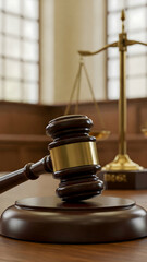A wooden gavel rests on a round base in a courtroom, symbolizing authority and law. Concepts of disputes, justice, legislation, executive power, lawsuit, damages, representation, lawyers, advocates