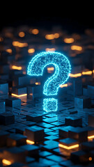 A glowing blue question mark stands out in a dark digital environment filled with glowing blocks. Concepts digital environment, technology, graphics, virtual, coding, communication, data, information
