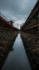 A narrow waterway flows through an industrial landscape, featuring dark, polluted water and rusty pipes on the banks. Overcast skies create a somber atmosphere in the area.
