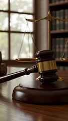 Wooden gavel in a courtroom and scales of justice nearby. Jurisprudence concepts, decision, judgment, vedika, disputes, offense, sentence, documents, law, agreement, claim, problems, debts, cases