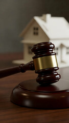 Wooden gavel on round base next to house model. Property dispute concepts, mortgage, auction, sale, dispute, house, real estate, apartment, law, claims, bank, debts, legal, property, justice, court