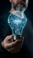 This work depicts a person imagining a glowing light bulb that reveals stunning digital designs and patterns. Concepts of artificial intelligence, creativity, problem solving, computing, energy