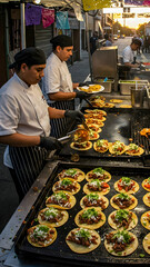 Chefs skillfully prepare dishes on a busy street, showcasing fresh ingredients and vibrant flavors. Concepts: appetite, hunger, snack, cooking, market, ingredients, Mexico, flavors, lunch, festival