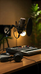 Well-organized music production space includes microphone, headphones placed on wooden table, keyboard. Concepts of creativity, fun, hobby, studio, recording, technology, songwriting, music