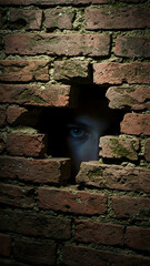 A man peers through a crack in a weathered brick wall, his eye visible in a ghostly light. The atmosphere is mysterious and evokes a sense of curiosity. Concepts: mystery, exploration, intrigue