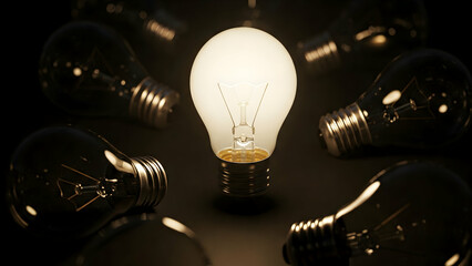 A glowing light bulb is located in the center among several unlit light bulbs. Concepts ideas, motivation, inventions, science, innovation, light bulb, creativity, problems, solution, hopes, knowledge