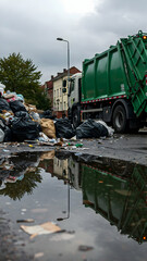 A garbage truck is parked amidst scattered bags of trash, reflecting in a puddle. The cloudy sky and urban location highlight the ongoing waste collection process.