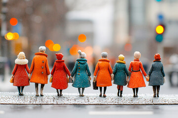 Miniature figures in colorful coats walking hand-in-hand on a city crosswalk.