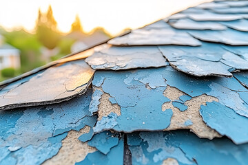 Weathered blue shingles peel to reveal the layers beneath, illuminated by the warm glow of the setting sun.