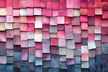 Textured square blocks arranged in a gradient from dark blue to bright pink.