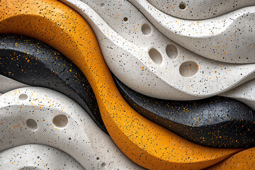 Wavy, textured layers in white, yellow, and black, speckled with tiny dots and small holes create an abstract art piece.