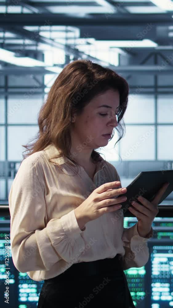 Poster vertical video smiling admins using laptop in data center, managing server virtualization. cheerful 