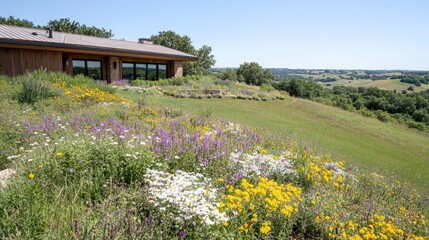 Obraz premium Modern home hillside garden, wildflowers, scenic view, summer