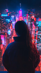 Futuristic Cityscape with a Couple in Silhouette, Surrounded by Neon Lights, Representing Love, Connection, and Modern Romance