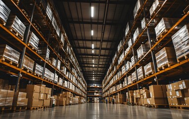 Fototapeta premium A spacious warehouse filled with neatly organized shelves and loaded pallets. Ideal for showcasing inventory management or logistics themes in industrial settings.