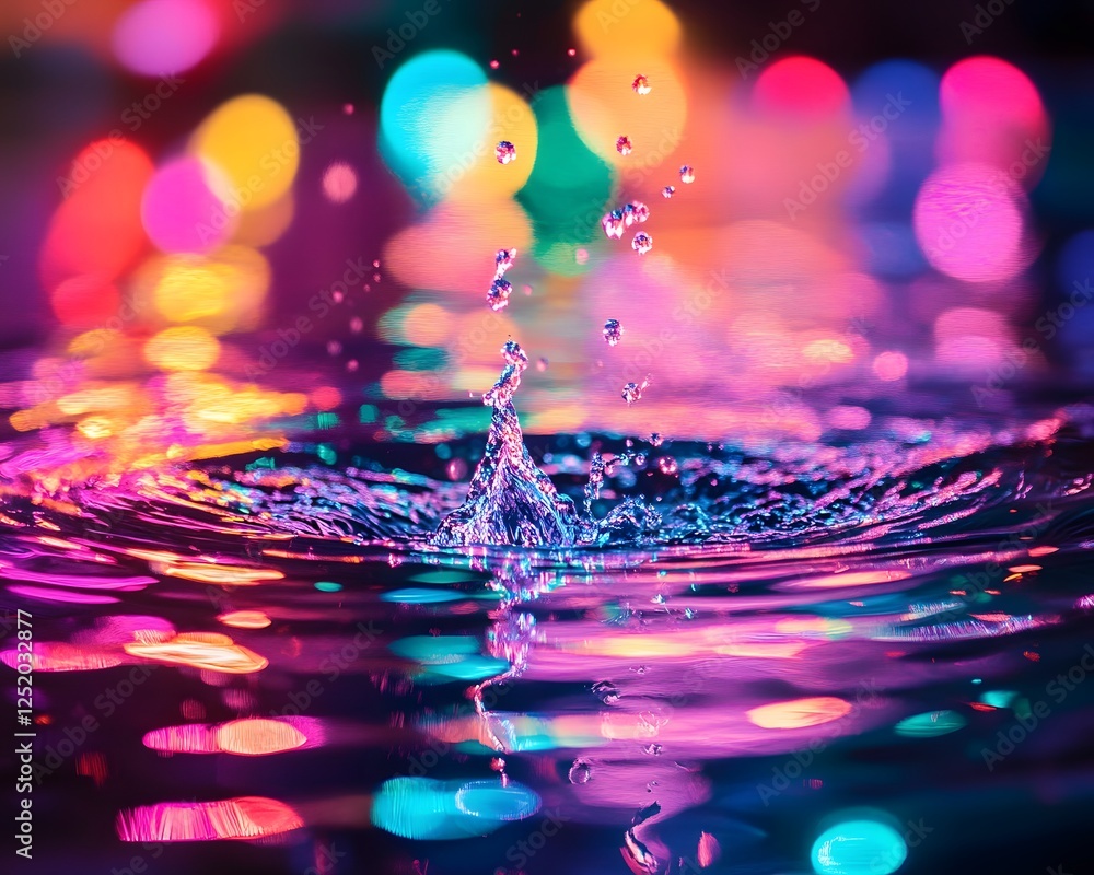 Poster a vibrant splash of water creating ripples against a backdrop of colorful bokeh lights, evoking a se