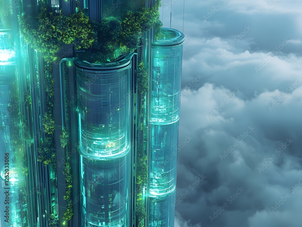 Poster futuristic skyscraper emerging from clouds, showcasing sleek glass structures intertwined with green