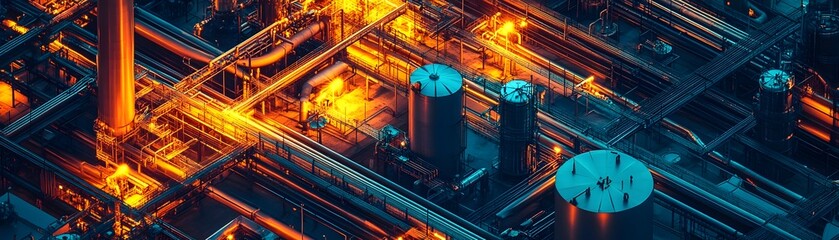 Obraz premium An aerial view of an industrial site, showcasing intricate networks of pipes, tanks, and machinery filled with vibrant colors