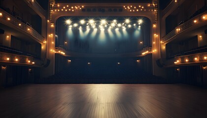 An elegant theater interior with warm lighting, showcasing an empty stage set for a performance. Richly decorated with vintage details, it exudes charm and artistic heritage.
