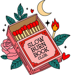 A stylish illustration of a vintage matchbox labeled "Slow Burn Book Club," surrounded by roses, a crescent moon, hearts, and a lit match, symbolizing passion for reading.