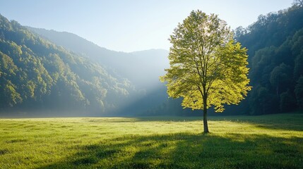 Solitary tree in a meadow valley at sunrise. Peaceful nature scene. Ideal for backgrounds, relaxation themes