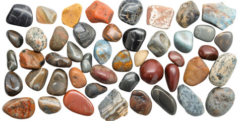 Colorful assortment of natural stones on white background