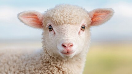 Cute lamb portrait, spring pasture, blurred background, farm animal