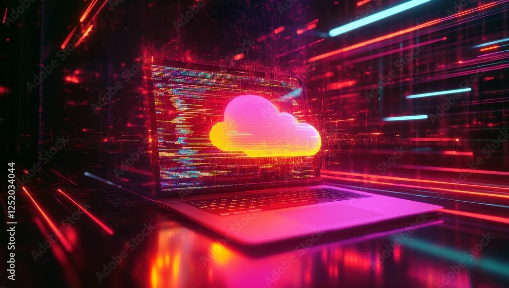 Poster stunning visual of digital cloud computing concept with bright neon lights and abstract data streams