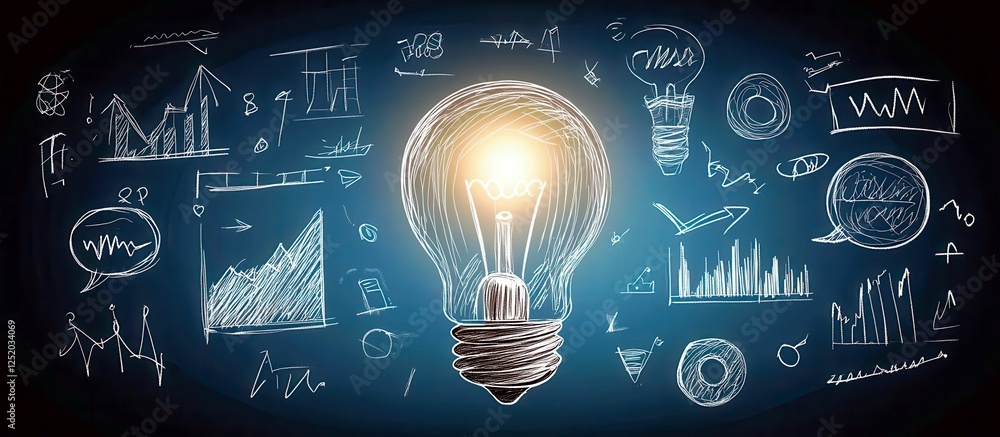 Poster creative light bulb glowing with colorful sketches and graphs representing innovation, ideas, and in