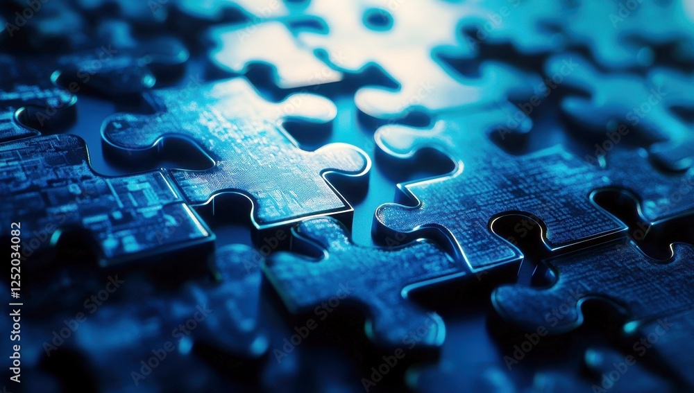 Poster abstract close-up of interlocking puzzle pieces with a digital grid pattern, illustrating technology