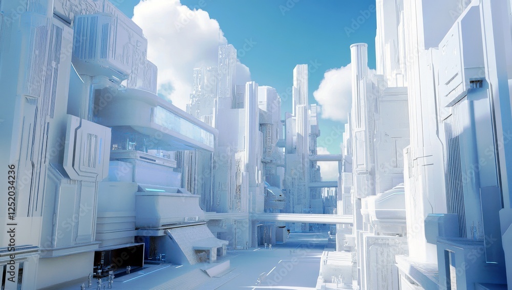 Poster futuristic cityscape with white architectural structures and bright blue sky featuring cloud pattern