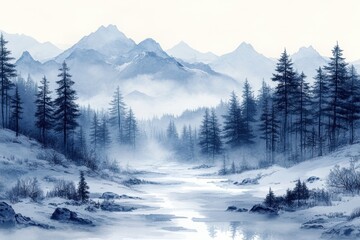 Serene winter landscape with mountains, trees, and a tranquil river.