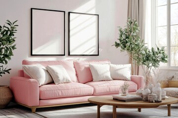 Fototapeta premium Cozy Modern Living Room with Pink Sofa, Blank Wall Frames, Indoor Plants, Bright Natural Light and Relaxing Atmosphere for Home Decor Inspiration
