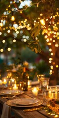 A beautifully decorated backyard illuminated for a festive gathering.