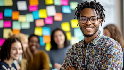 Naklejka premium Young man with glasses smiling confidently in front of a colorful sticky note wall in a collaborative workspace environment with diverse group of people