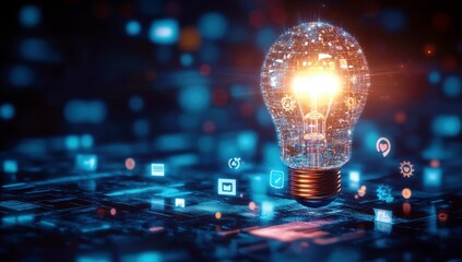 Glowing Light Bulb Surrounded by Digital Icons Representing Innovative Ideas and Technology in a Futuristic Background