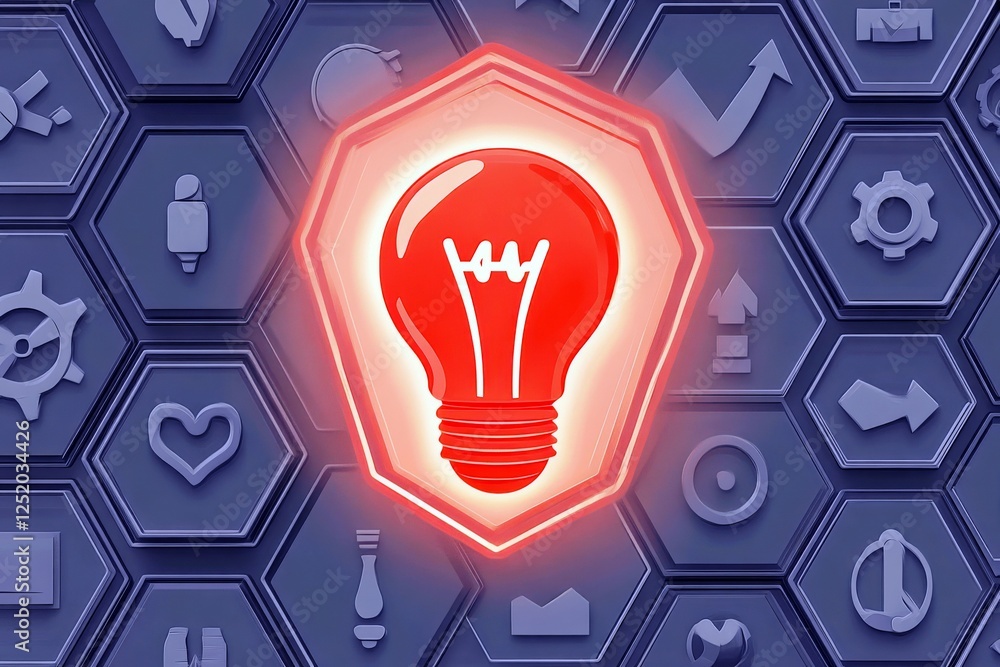 Poster bright red light bulb in hexagon design concept for innovation, creativity, ideas, and problem solvi