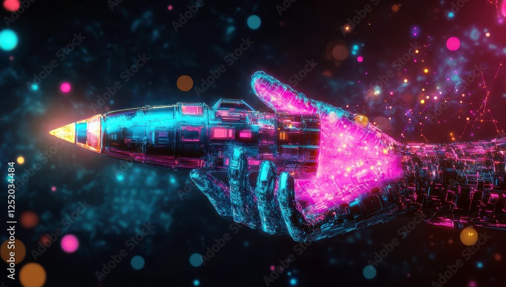 Poster futuristic digital weapon in hand illustrating advanced technology concept with neon colors and abst