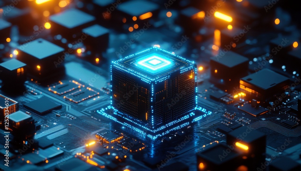 Poster futuristic microchip surrounded by glowing circuits on a digital motherboard with neon lights and hi