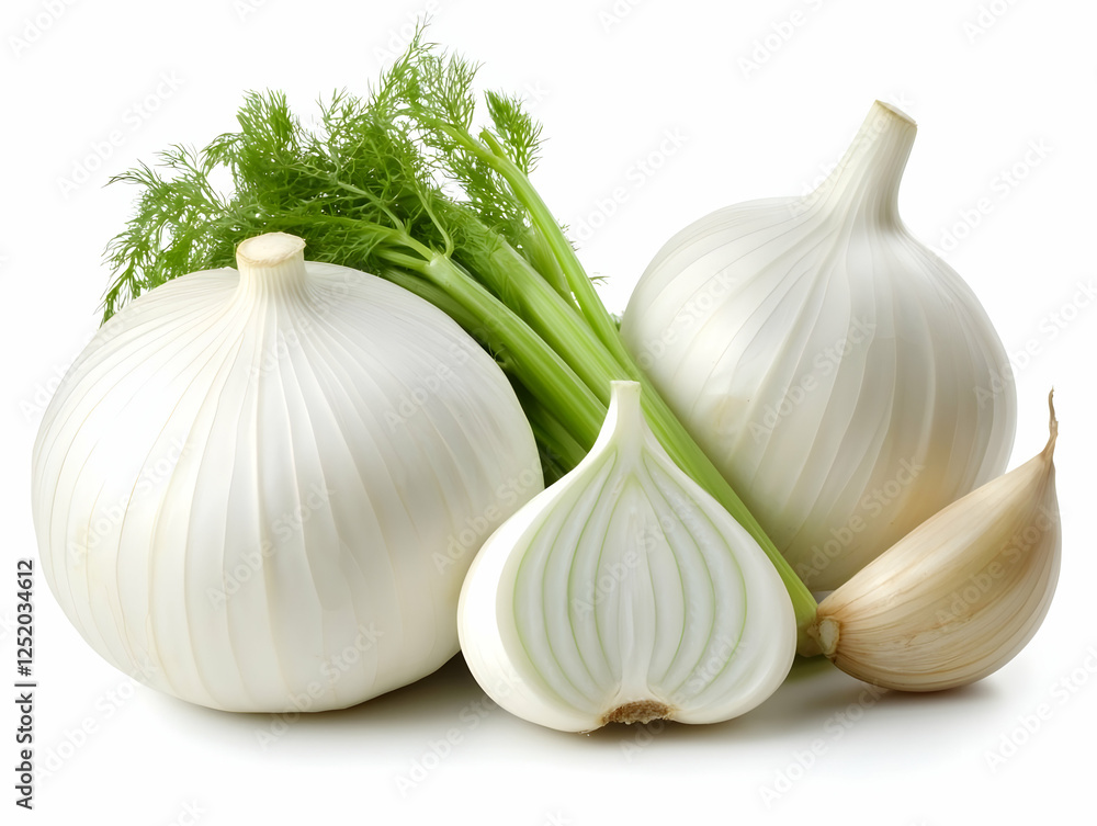 Wall mural Fresh fennel bulbs and garlic, studio shot, healthy cooking ingredient