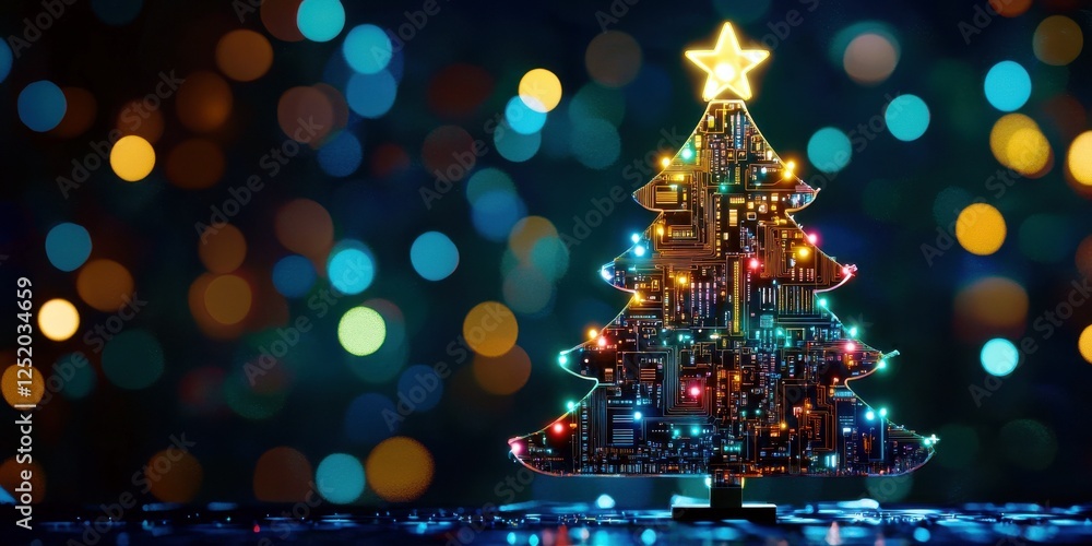 Poster futuristic christmas tree with circuit board design displaying colorful lights against a blurred bok