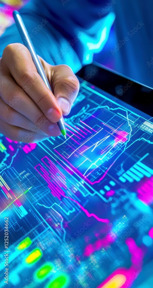 Poster digital hand with stylus interacting with data visualization on screen in bright neon colors represe