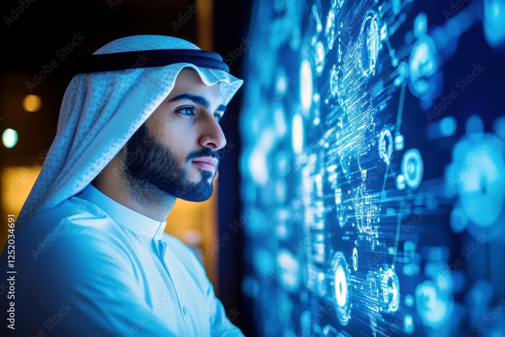 Poster young arab man in traditional attire gazes thoughtfully at digital interface filled with dynamic dat