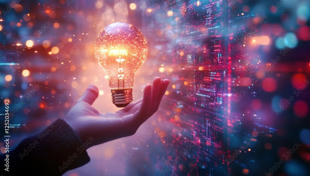 Poster spark of innovation: a hand holding a glowing light bulb against a digital background of colorful da
