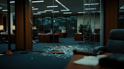 Shattered office glass, post-break-in, nighttime