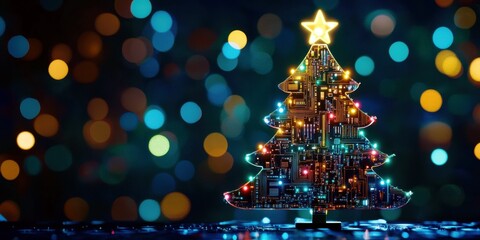 Futuristic Christmas Tree with Circuit Board Design Displaying Colorful Lights Against a Blurred Bokeh Background
