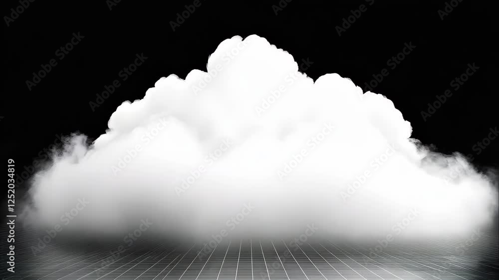 Poster a fluffy white cloud appears against a dark background, with a reflective surface below creating a m