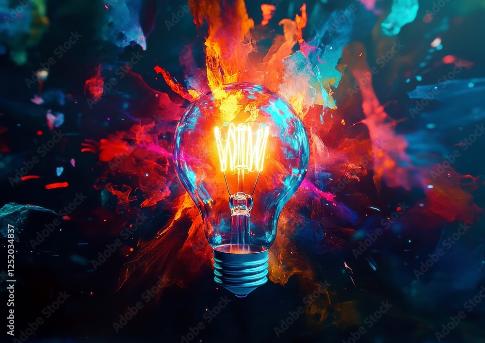 Poster vibrant abstract explosion behind glowing light bulb symbolizing innovation and creativity in dark b